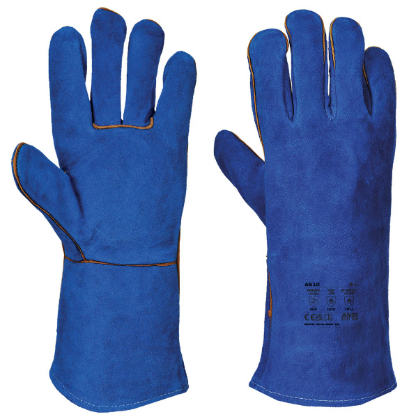 Gants de protection bleus en cuir résistants à la chaleur avec longue manchette
