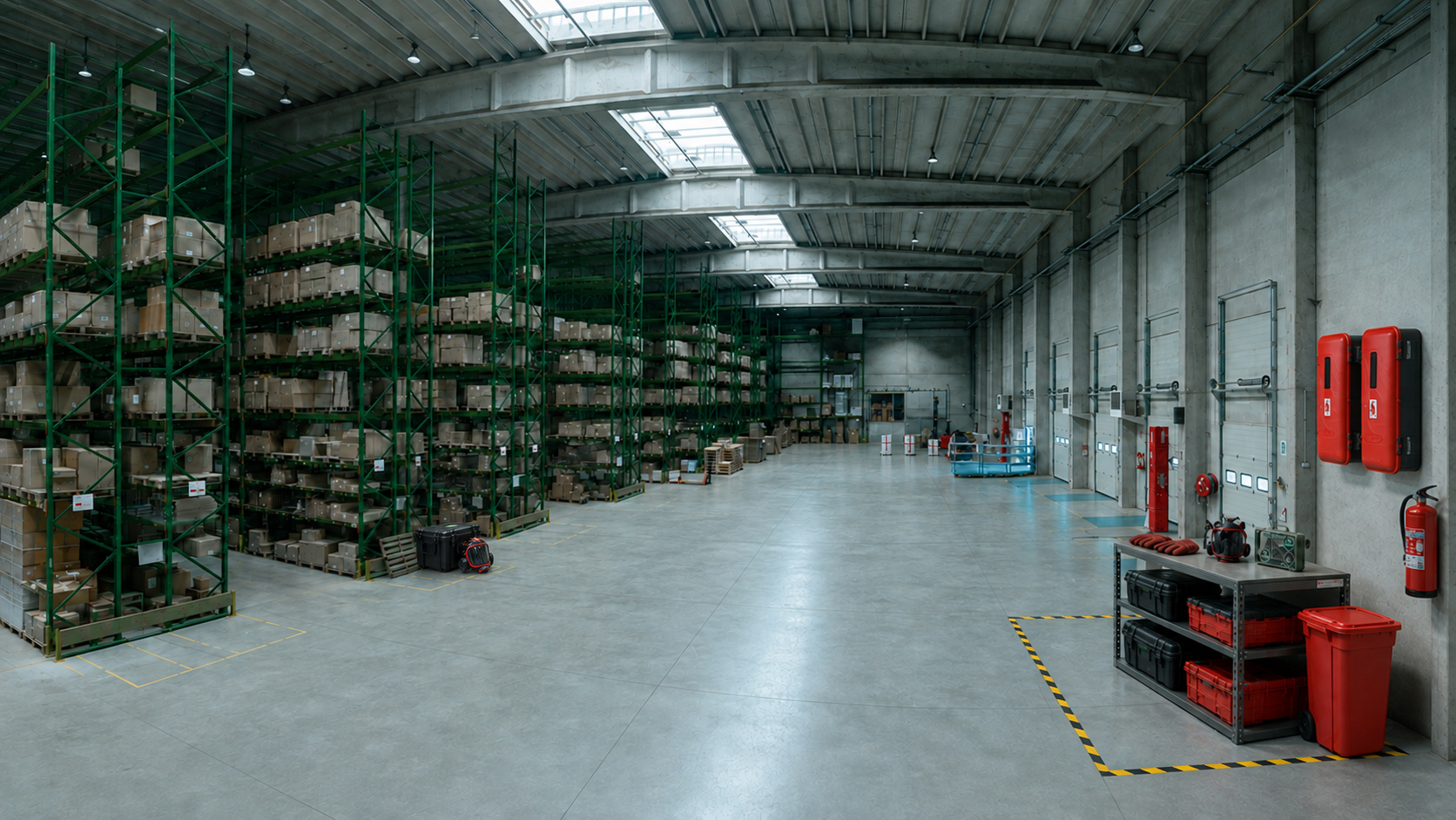 Magazijn met stellingen, een brandveiligheidshoek met blusserkasten en persoonlijke bescherming, en een gemarkeerde vloerzone