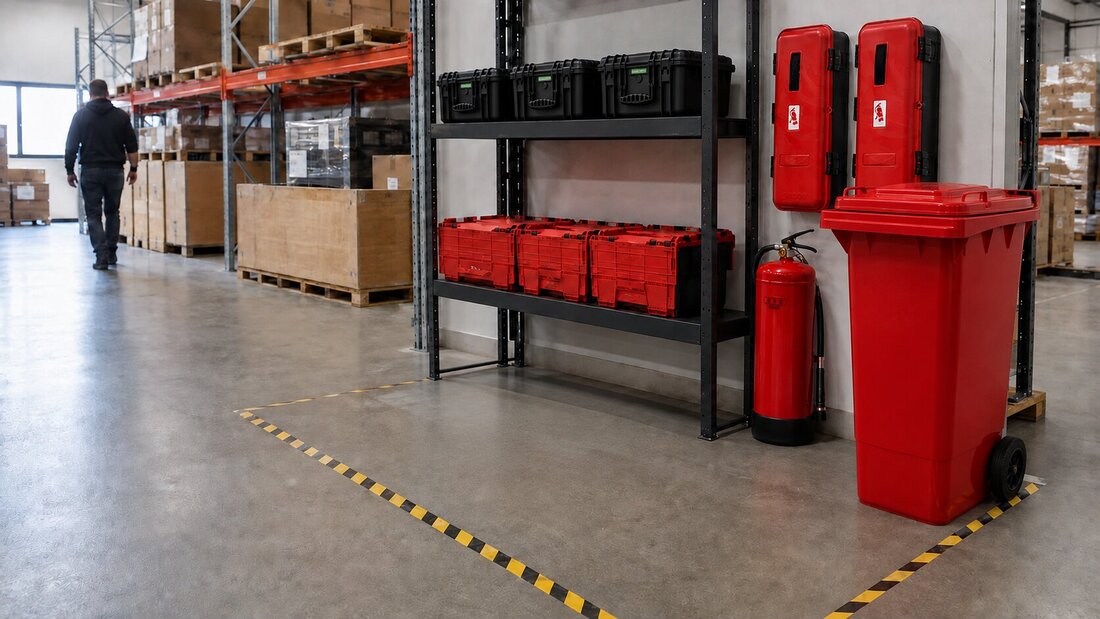 Magazijnstelling met accuveiligheidskoffers, laadlockers en een brandblusser, met gemarkeerde vloerzone